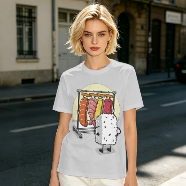 Olive T-Shirt With Funny Sushi Laundry Rack Graphic