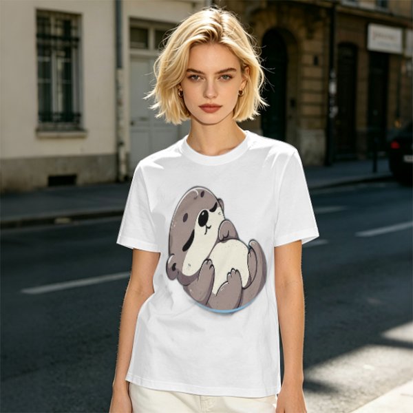 Olive Green T-Shirt with Cute Sleeping Otter Graphic