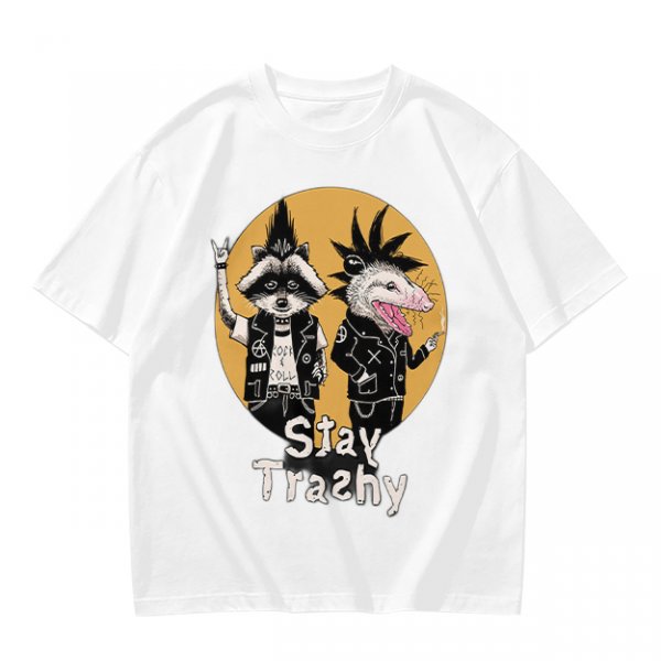 Olive graphic tee with punk raccoon and opossum 'Stay Trashy' print