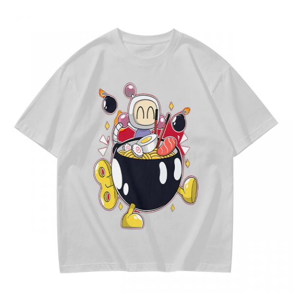 Olive T-shirt with Bomberman Character Eating Ramen Print