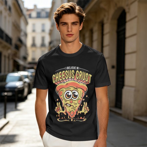 Olive t-shirt with 'I Believe In Cheesus Crust' pizza graphic