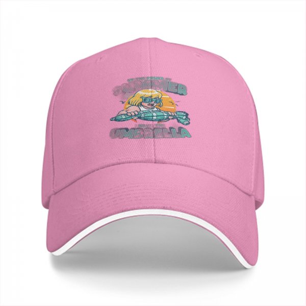 Black baseball cap with summer umbrella graphic and retro sun design