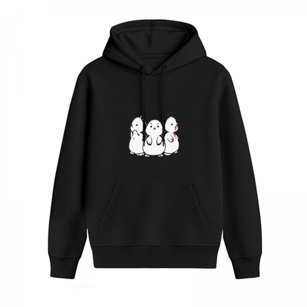 Black hoodie with three stylized white cartoon creatures graphic