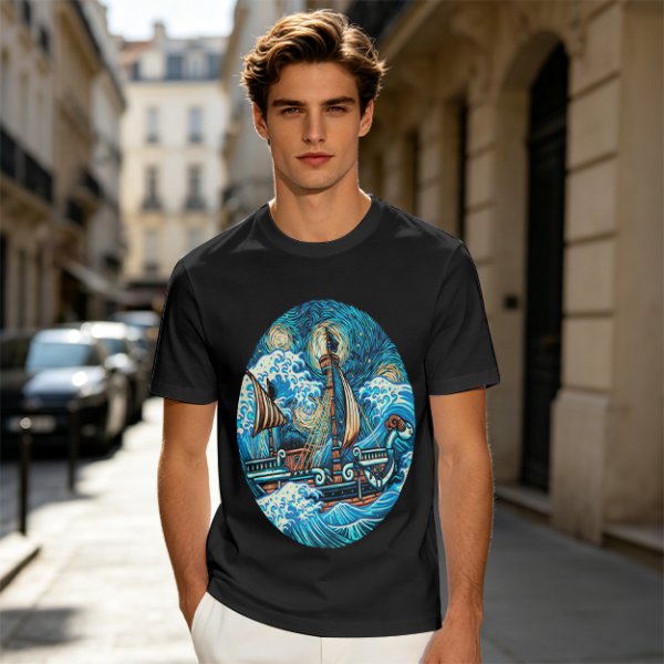 Olive T-Shirt With Starry Night Style Sailing Ship Ocean Art