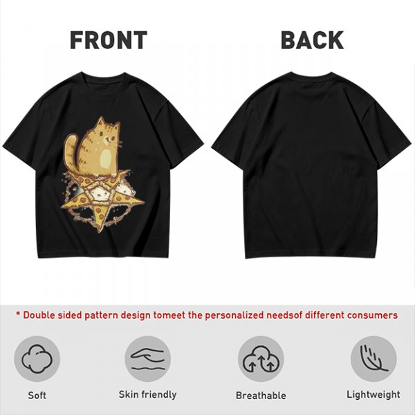 Olive T-Shirt With Cat Sitting On Pizza Pentagram Artwork