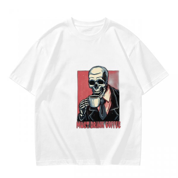Olive T-shirt with Skeleton Drinking Coffee Must Drink Coffee Print
