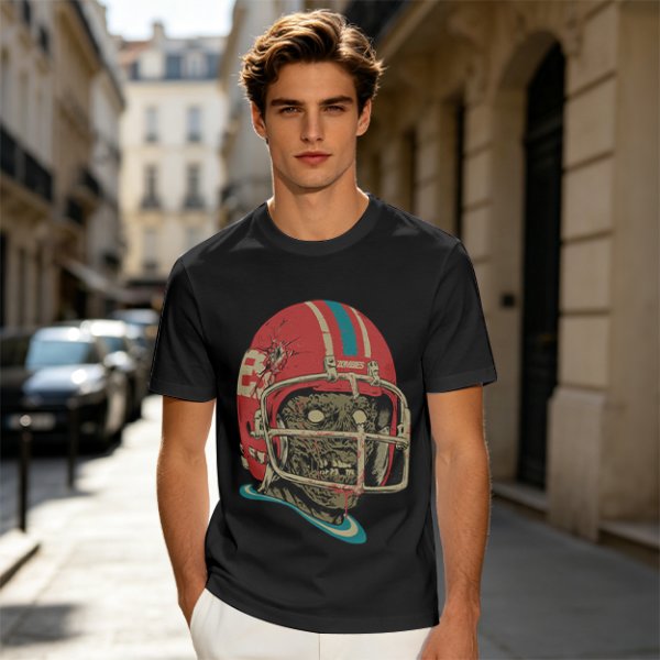 Olive T-Shirt with Zombie Football Player Helmet Graphic