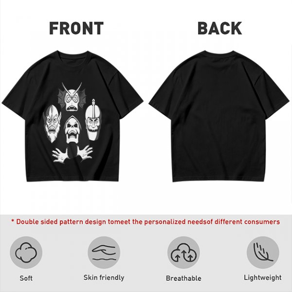 Olive T-shirt with Four Dark Fantasy Villain Heads Graphic Print
