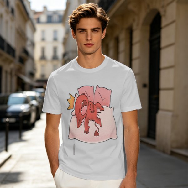 Olive T-Shirt With Cute Red Imp Yawning On Pillows Print
