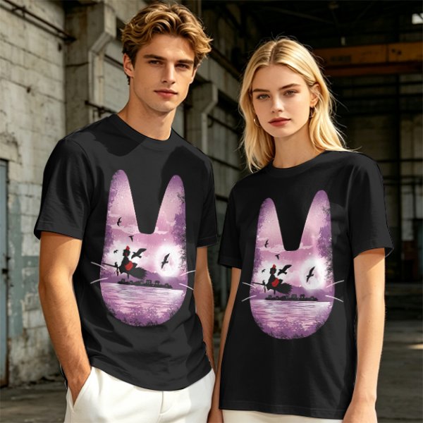 Olive T-Shirt With Witch Riding Broom Silhouette In Bunny Outline