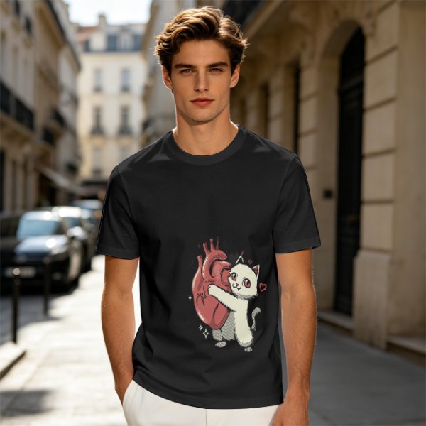 Olive T-Shirt With Cute White Cat Hugging Anatomical Heart Print