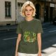 Olive T-Shirt With Playful Cat And House Plants Graphic