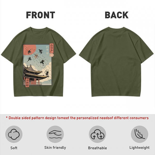 Olive T-Shirt with Ukiyo-e Style Ninja Temple Print