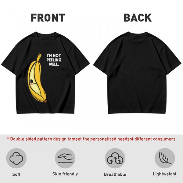 Olive T-shirt with sad banana graphic reading I'm not peeling well