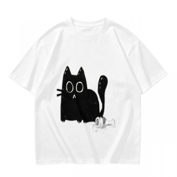 Oversized Army Green T-Shirt With Surprised Black Cat Graphic