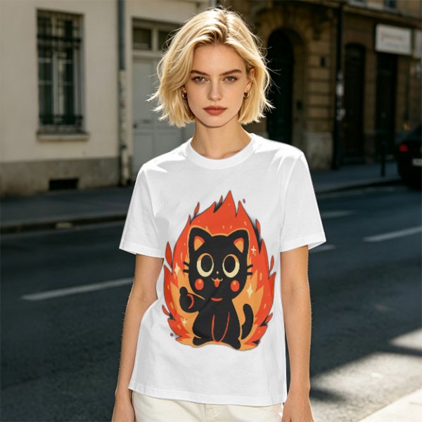 Olive T-Shirt With Cute Black Cat Thumbs Up On Flames Graphic