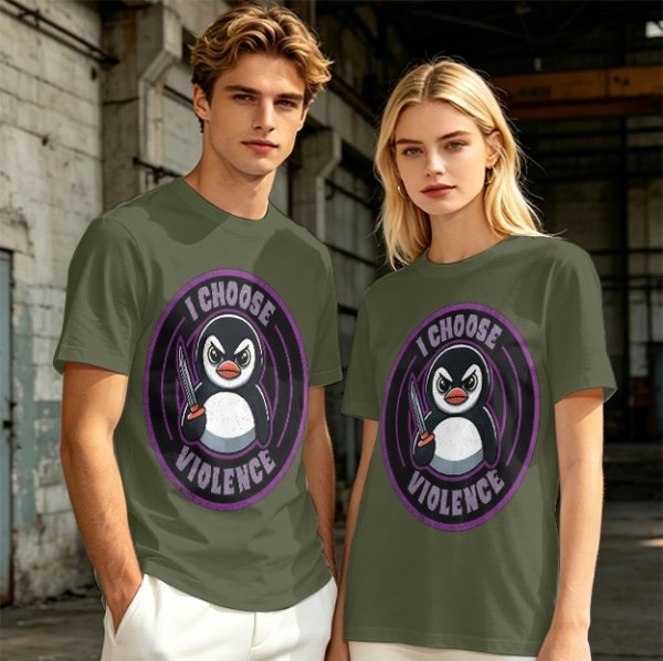 Olive t-shirt with angry penguin holding knife and I Choose Violence print