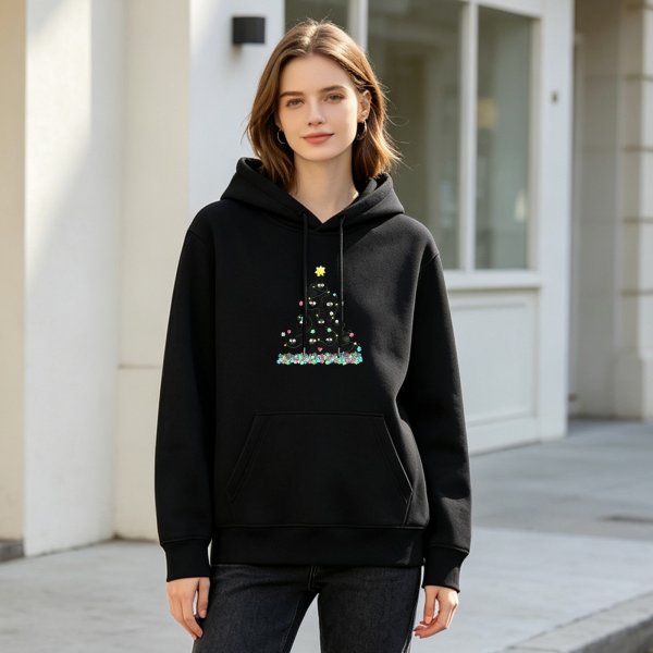 Black Hoodie With Decorated Christmas Tree Graphic