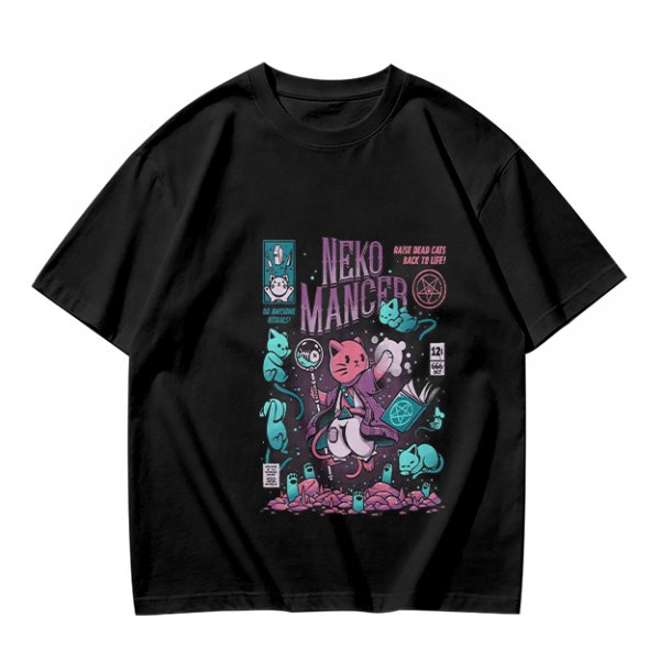 Olive green graphic tee with neko necromancer cat wizard art