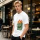 Olive green t-shirt with a cartoon burning box graphic