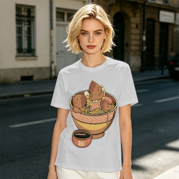 Olive Green T-Shirt With Capybara Ramen Bowl Print