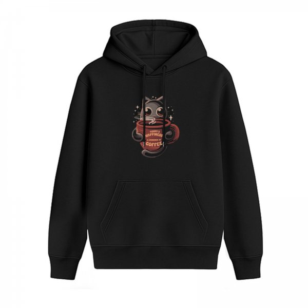 Black hoodie with cat in coffee cup graphic