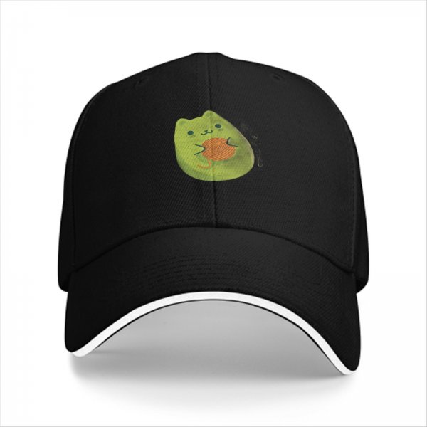 Black baseball cap with cute green cat holding orange yarn ball