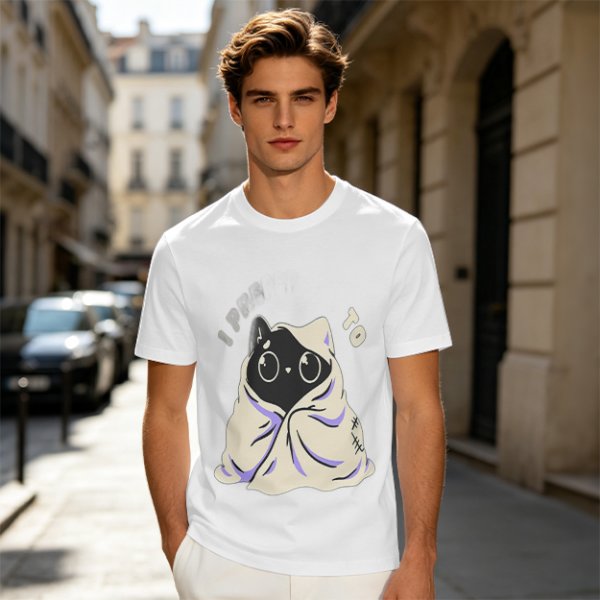 Olive T-shirt with Cute Black Cat Wrapped in Blanket Graphic