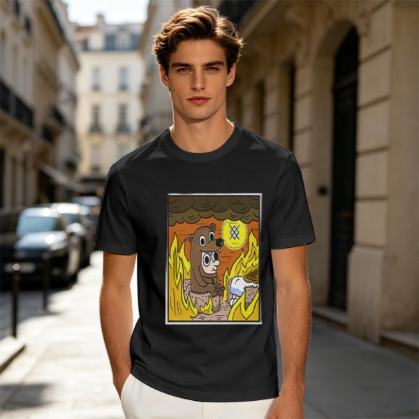 Olive T-shirt with Cartoon Bear Costume Figure in Flames Art