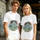 Olive T-shirt with Dancing Skeleton Mountain Rainbow Cat Graphic