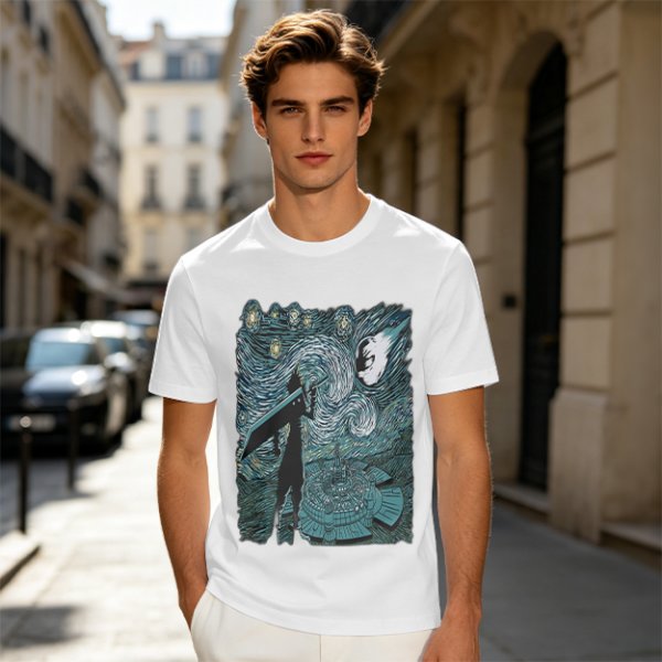 Olive T-shirt with Starry Night Style Fantasy Warrior Print