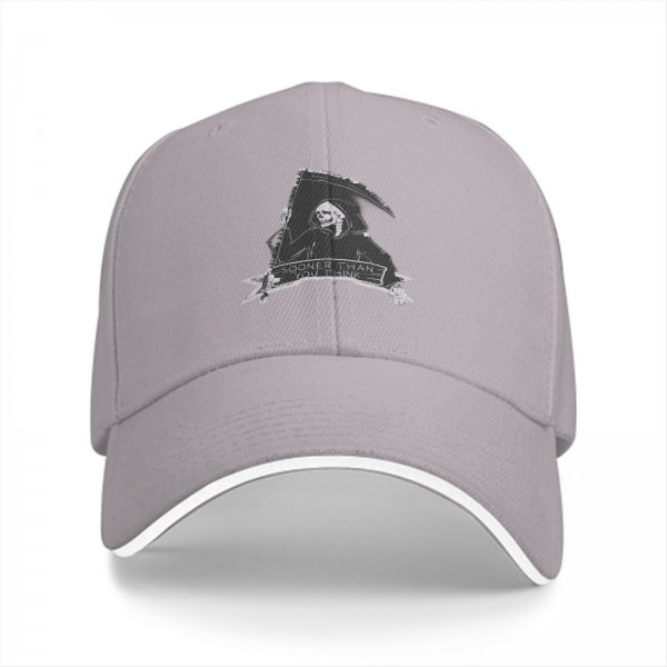 Black baseball cap with grim reaper graphic and 'Sooner Than You Think' text