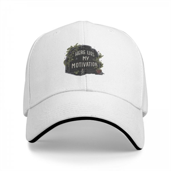 Black baseball cap with 'Here Lies My Motivation' tombstone graphic