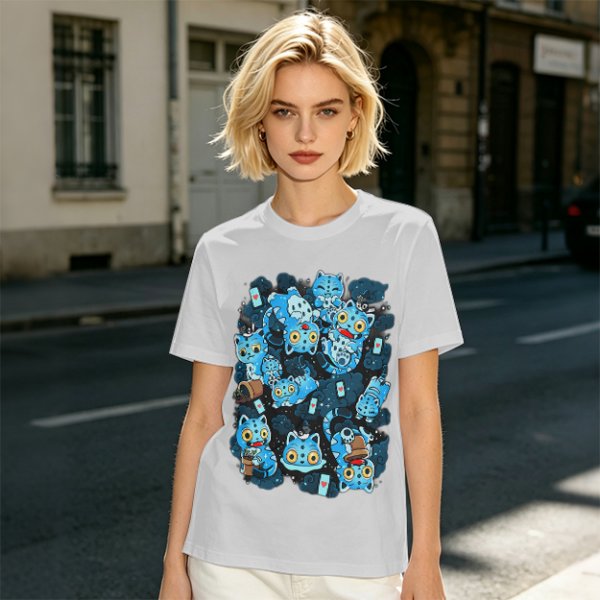 Olive T-Shirt With Playful Blue Cat Character Print
