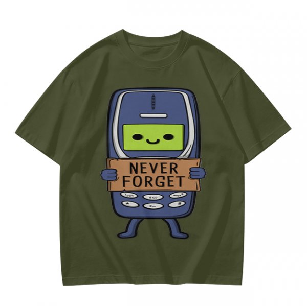 Olive T-Shirt Featuring a Retro Mobile Phone Holding a Never Forget Sign