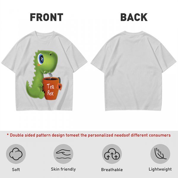 Olive green t-shirt with cute Tea Rex dinosaur holding a steaming tea mug