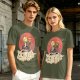 Olive T-shirt with a cat warrior riding a flying cloud graphic