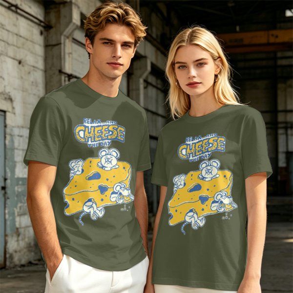 Olive graphic t-shirt with 'Relax and Cheese the Day' and mice on cheese
