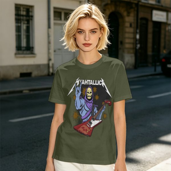 Olive T-Shirt With Skeletor Rock Guitarist Graphic Print