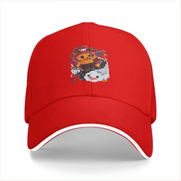 Black baseball cap with cute anime pirate character and cloud graphic