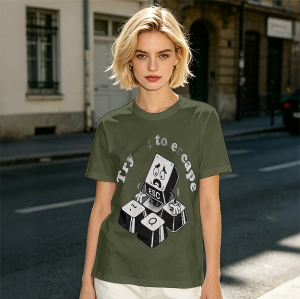 Olive T-Shirt With Esc Key Trying To Escape Graphic Print