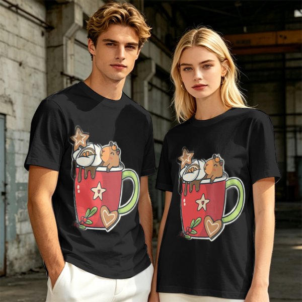 Olive T-Shirt With Cute Capybara In Christmas Hot Cocoa Mug Print
