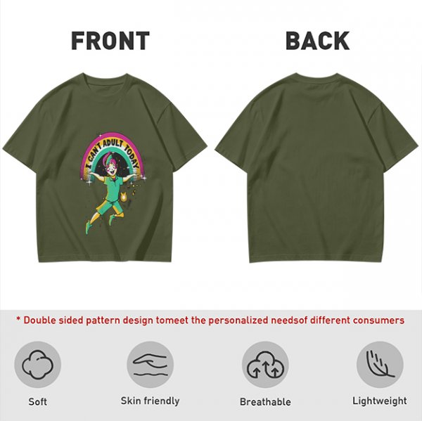 Olive Graphic T-Shirt With 'I Can't Adult Today' Rainbow Design