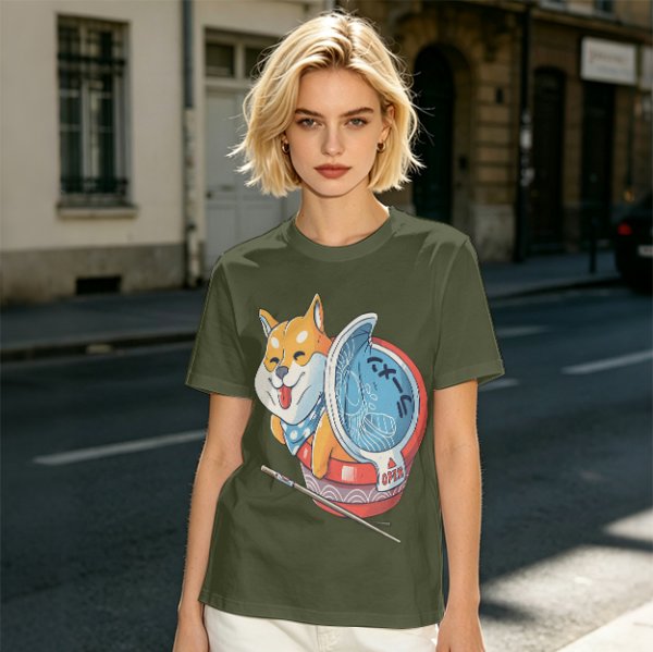 Olive T-shirt with Shiba Inu in Ramen Cup Graphic