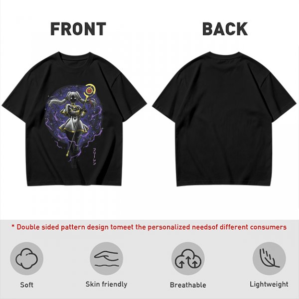 Olive T-shirt with dark anime elf mage holding staff and purple magic circle print