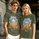 Olive green t-shirt with cute gray cat holding taiyaki graphic