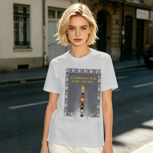 Olive t-shirt with retro video game 'It's dangerous to go alone' print