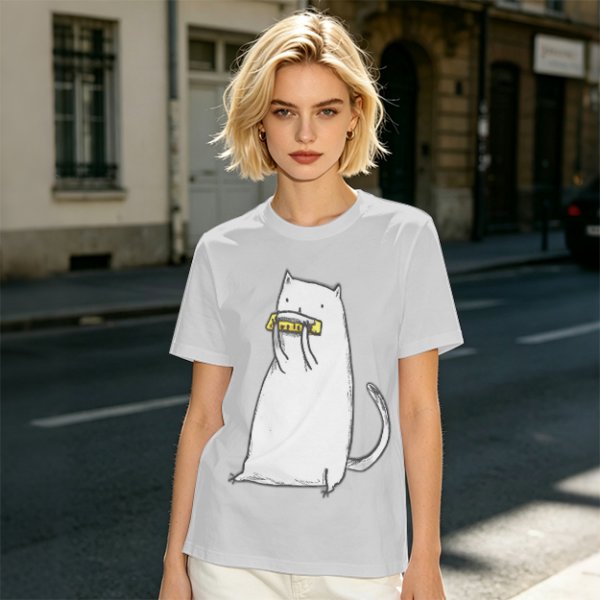 Olive T-Shirt With White Cat Playing Harmonica Graphic