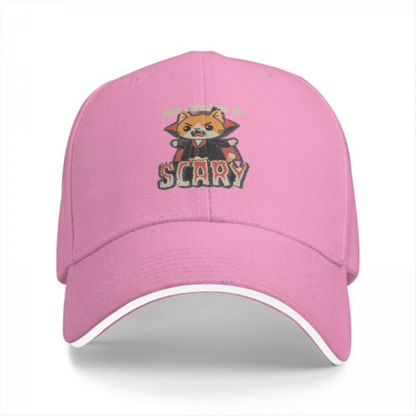 Black baseball cap with cute vampire cat 'too cute to be scary' print