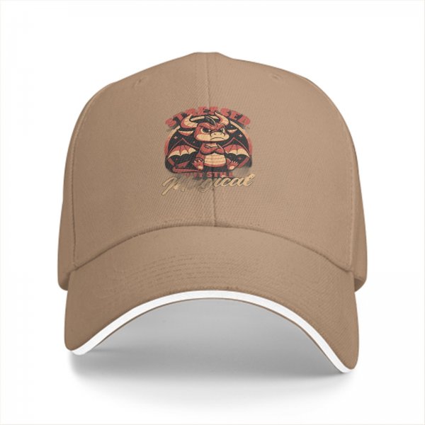 Black baseball cap with stressed but still magical grumpy dragon print